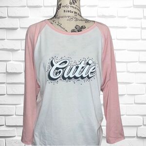 LuLaRoe Women’s XL Randy White & Pink Baseball Tee Raglan Mid-Length Sleeves